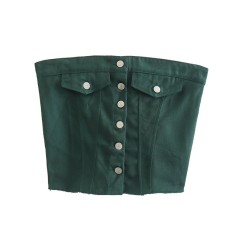 Street Summer Style Crop Chest Denim Sleeveless Over Top - Green