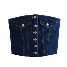 Street Summer Style Crop Chest Denim Sleeveless Over Top - Navy Blue