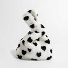 Japanese Mini Wrist Knot Faux Fur Foldable Shopping Bags - White Black Hearts