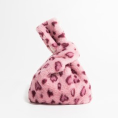 Japanese Mini Wrist Knot Faux Fur Foldable Shopping Bags - Pink Hearts