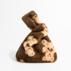 Japanese Mini Wrist Knot Faux Fur Foldable Shopping Bags - Brown Teddy Bears
