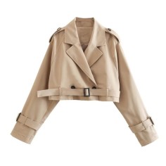 Long Sleeves Cropped Trench Coat Top Jackets - Khaki
