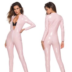 Wetlook Latex Pole Dance Nightclub Erotic Jumpsuit Dress - Pink