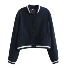 Long Sleeve Elegant Streetwear Spring Autumn College Bomber Jackets - Navy
