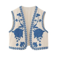 Vintage Floral Embroidered Indie Hippe Open Waist Coat Jacket - Blue