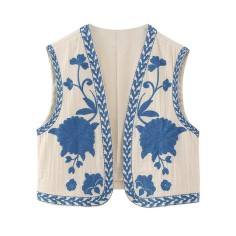 Vintage Floral Embroidered Indie Hippe Open Waist Coat Jacket - Blue