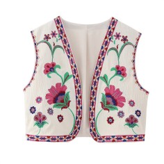 Vintage Floral Embroidered Indie Hippe Open Waist Coat Jacket - Red
