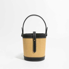 Straw Bucket Crossbody Beach Tote Bag - Yellow Black