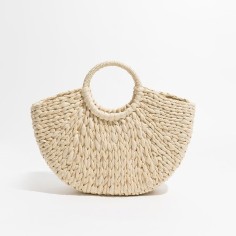 Half Moon Beach Basket Straw Summer Tote Bag - Beige