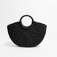 Half Moon Beach Basket Straw Summer Tote Bag - Black