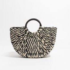 Half Moon Beach Basket Straw Summer Tote Bag - Black White