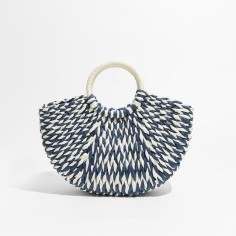 Half Moon Beach Basket Straw Summer Tote Bag - Blue White