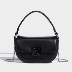 Top Handle Vegan Leather Crossbody Chain Saddle Bag - Black