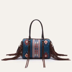 Multi-functional Designer Native American Pattern Print Tassels Handbag - Blue Polyester