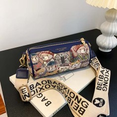 Barrel Shaped Zipper Crossbody Kawaii Bear Pattern Bag - Blue