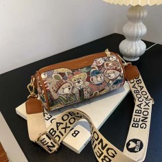 Barrel Shaped Zipper Crossbody Kawaii Bear Pattern Bag - Brown