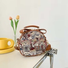 Oblique Messenger Zipper Crossbody Kawaii Bear Pattern Bag - Brown