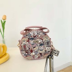 Oblique Messenger Zipper Crossbody Kawaii Bear Pattern Bag - Pink