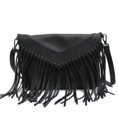 Envelope Style Fringe Tassel Decorated Shoulder Messenger Bags - Black Faux Leather