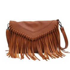 Envelope Style Fringe Tassel Decorated Shoulder Messenger Bags - Brown Faux Leather