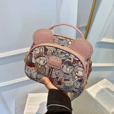 Oblique Straddle Zipper Shoulder Kawaii Bear Pattern Bag - Pink