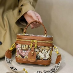 Single Shoulder Zipper Crossbody Kawaii Bear Pattern Versatile HandBag Bag- Brown