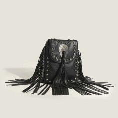 Rivet Deocated Tassel Western Cowboy Style Rocker Shoulder Bag - Black Faux Leather