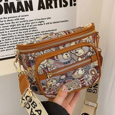 Shoulder Crossbody Zipper Crossbody Kawaii Bear Pattern Versatile Chest Bag- Brown