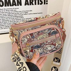 Shoulder Crossbody Zipper Crossbody Kawaii Bear Pattern Versatile Chest Bag- Pink