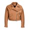 Button and Zip Decorated Genuie Leather Short Coats Belts Motorcycle Biker Jackets - Champagne