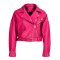 Button and Zip Decorated Genuie Leather Short Coats Belts Motorcycle Biker Jackets - Fuschia