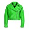 Button and Zip Decorated Genuie Leather Short Coats Belts Motorcycle Biker Jackets - Green