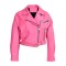 Button and Zip Decorated Genuie Leather Short Coats Belts Motorcycle Biker Jackets - Pink