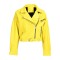 Button and Zip Decorated Genuie Leather Short Coats Belts Motorcycle Biker Jackets - Yellow
