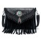 Multi-functional Designer American Midwest Pattern Print Fringes Handbag - Black Flock Faux Leather