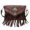 Multi-functional Designer American Midwest Pattern Print Fringes Handbag - Brown Flock Faux Leather