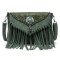 Multi-functional Designer American Midwest Pattern Print Fringes Handbag - DarkGreen Flock Faux Leather
