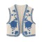 Vintage Floral Embroidered Indie Hippe Open Waist Coat Jacket - Blue