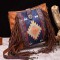 Retro Style Native American Actec Print Tote Tassels Large Size Bag - Brown Faux Leather