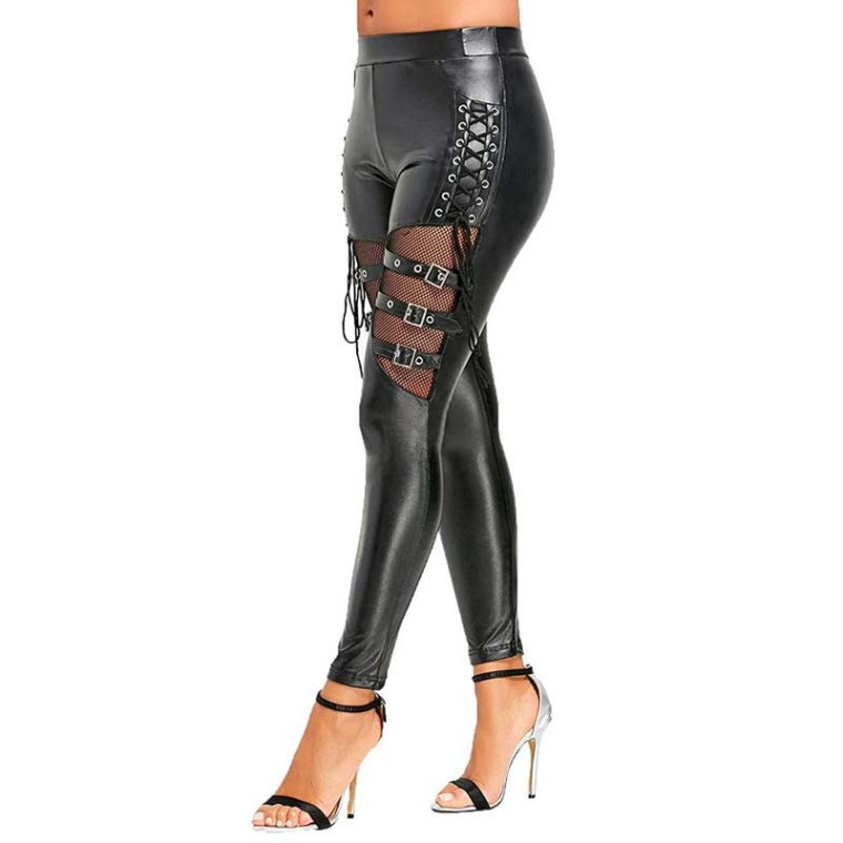 NancyBrandy Fishnet Trim Lace Up Gothic Punk Leggins Pants - Black