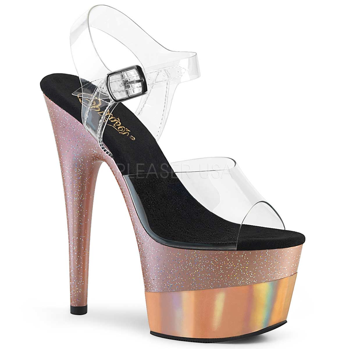 Pleaser Adore-708-2HGM - Clear Rose Gold Glitter Hologram in Sexy Heels ...