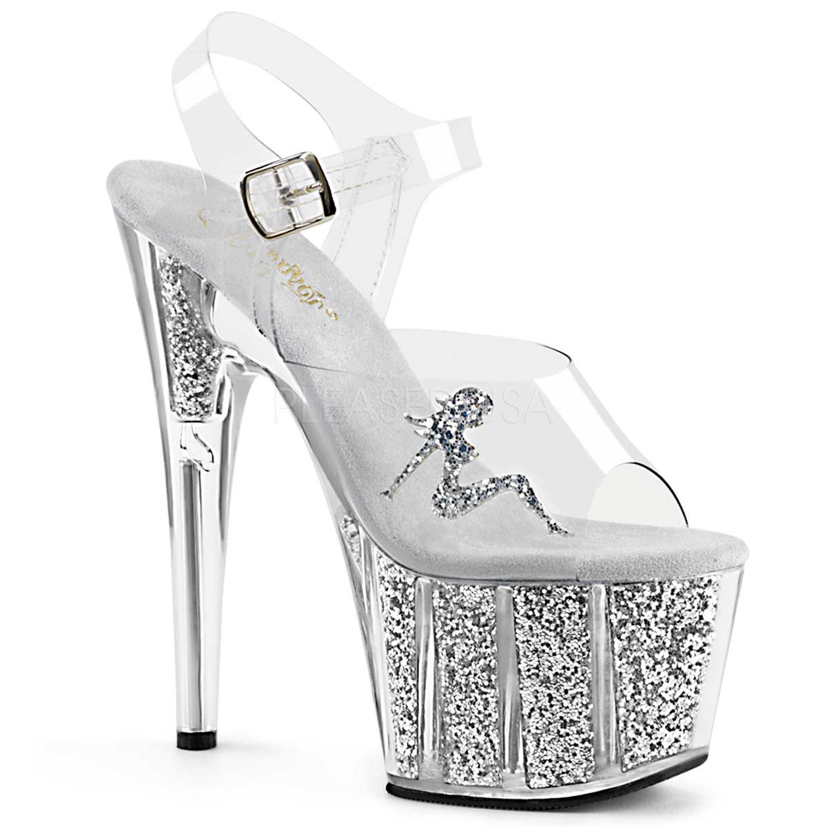 silver glitter sole clear heels
