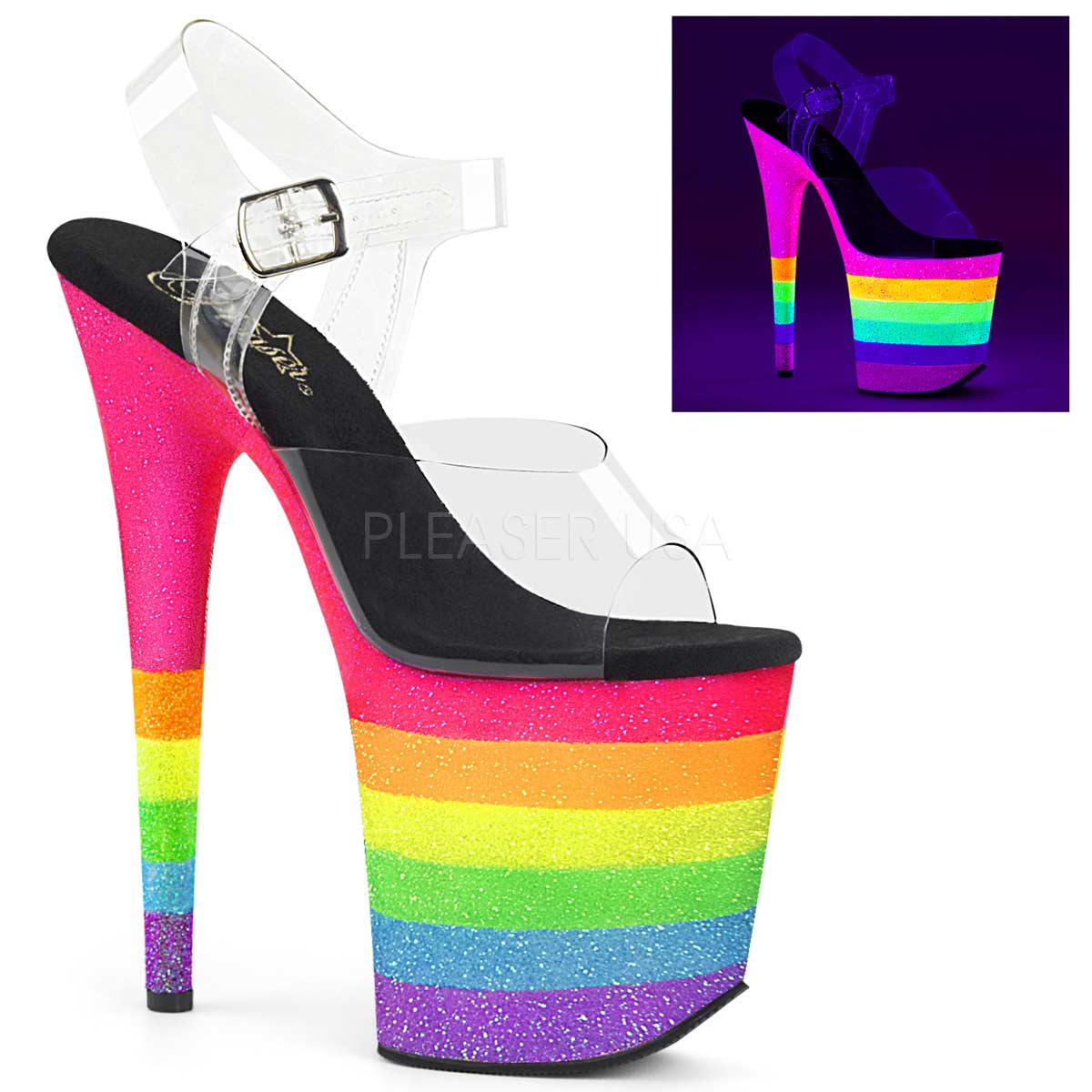 Pleaser Flamingo-808UVRB - Clear Neon Rainbow Glitter in Sexy Heels ...
