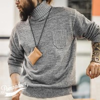 Vintage Grey Blend Turtleneck Mens Amekaji Knitwears Casual Sweater - Gray