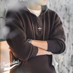 Casual Knit Sweater Half-zip Essentials Hoodies for Men Warm Hooded Sweatshirt Tops - Coffee