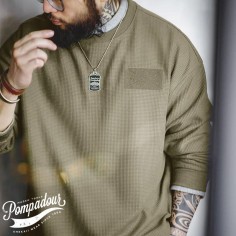 Casual 300g Waffle Long Sleeve T-shirt Mens Amekaji Round Neck Breathable Pullover Sweater - Green