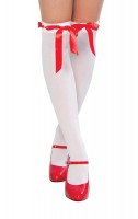 Thigh High Ribbon Weave and Eyelet Stockings - White with Red Ribbon - SPECIAL