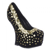 103 - Gold Sequins on Black Velvet Wedge Platform Sandals SPECIAL - Size 7.5