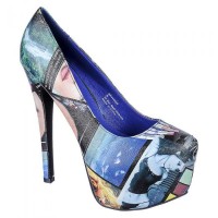 Sky High - Face Print `Great Style` Platform Pumps - Multi Blue SPECIAL - Size 6