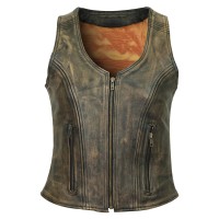 HML1031DB High Mileage Womens Distressed Brown Three-Zipper Cowhide Leather Vest